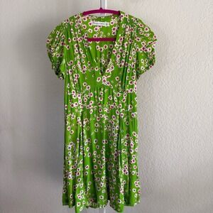 Faithfull the Brand Green Floral Puff Sleeve Mini Dress Size S Boho Cottagecore